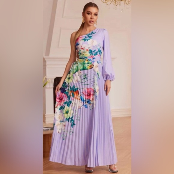 None Dresses & Skirts - Floral One Shoulder Pleated Lavender (M) or Sunset (L) Dress